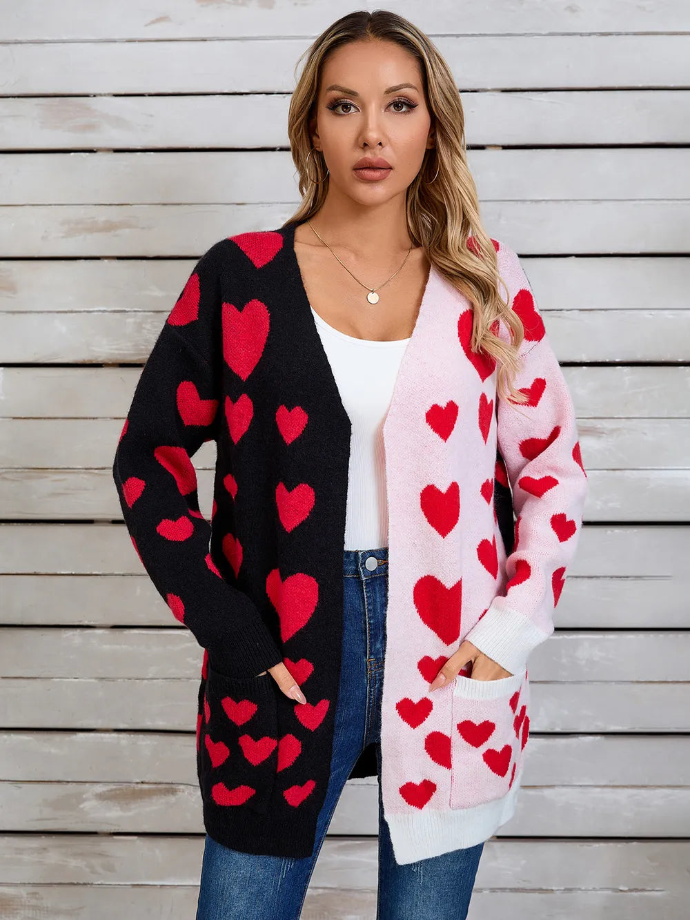 Splicing Knitted Valentine's Day Pocket Long Cardigan Love Sweater