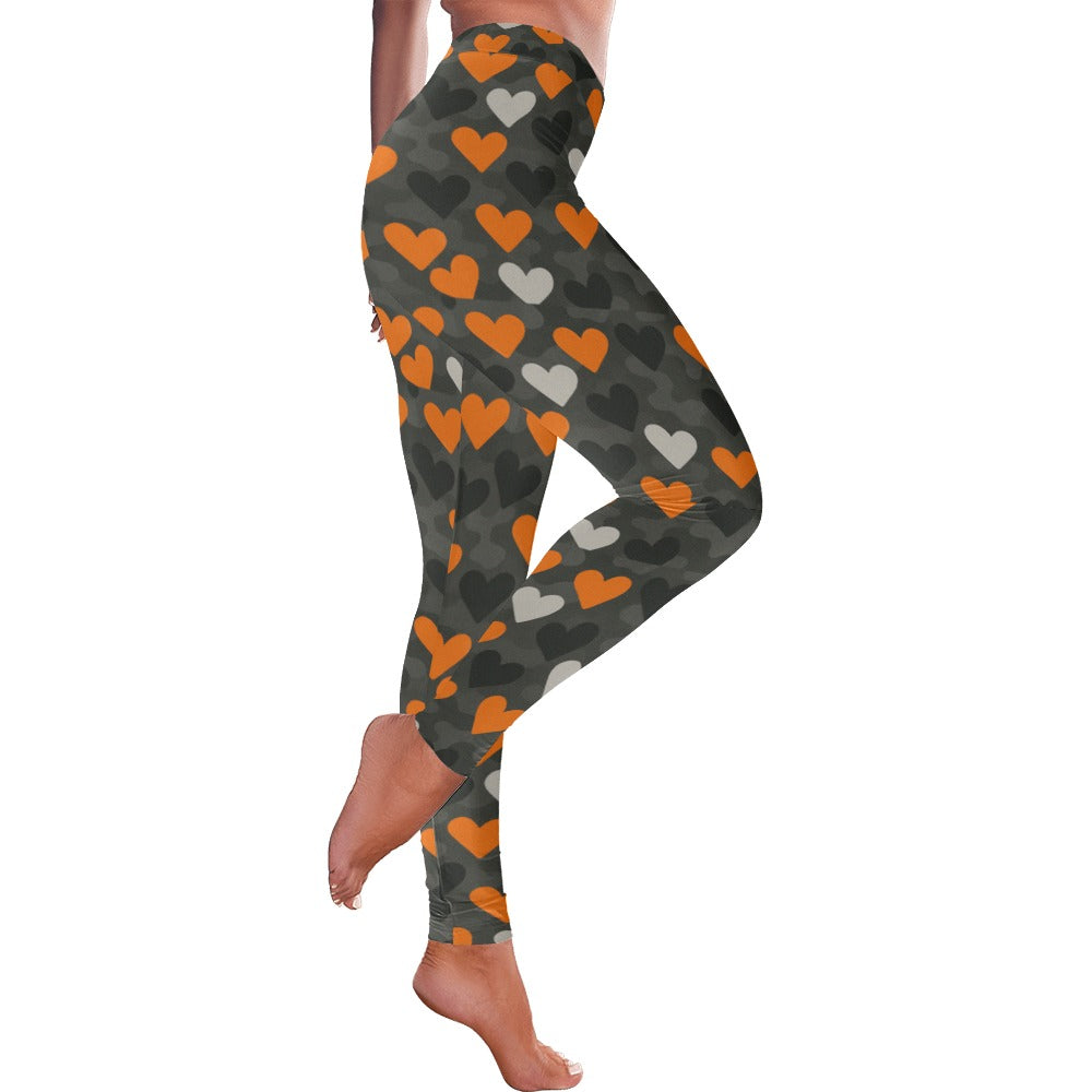 Valentine's Day Black/Orange Hearts Women's All-Over Low Rise Leggings