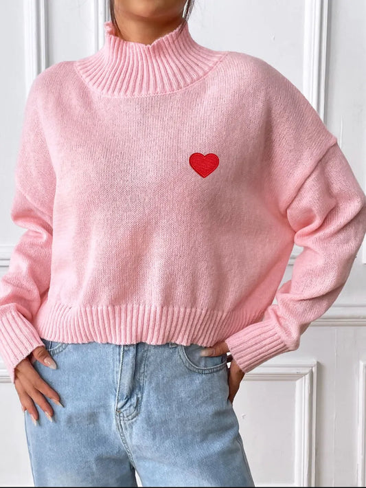 Women's Heart Sticker High Neck Pullover Sweater