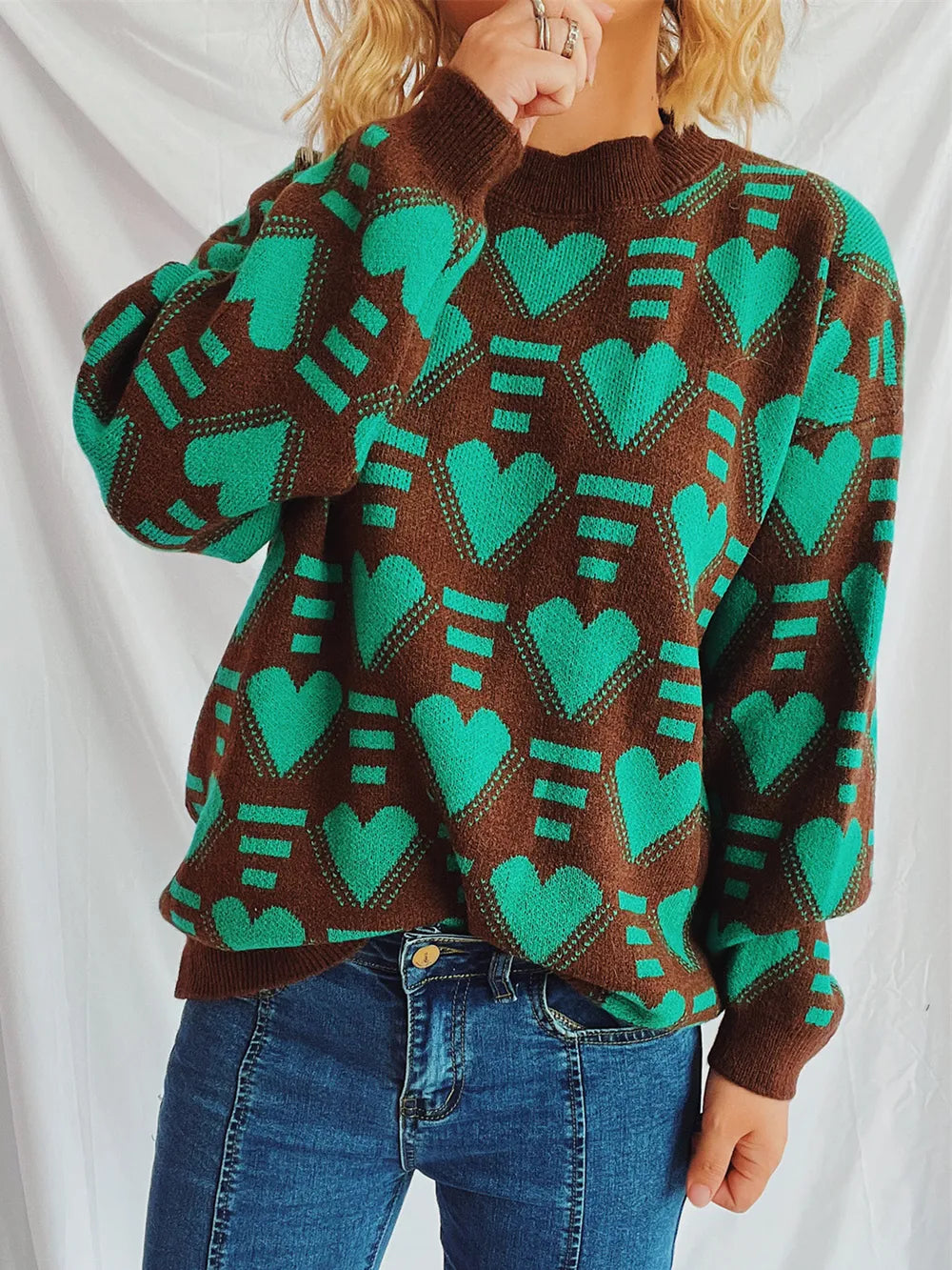 Heart Contrast Long Sleeve Sweater
