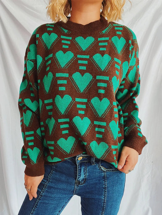 Heart Contrast Long Sleeve Sweater
