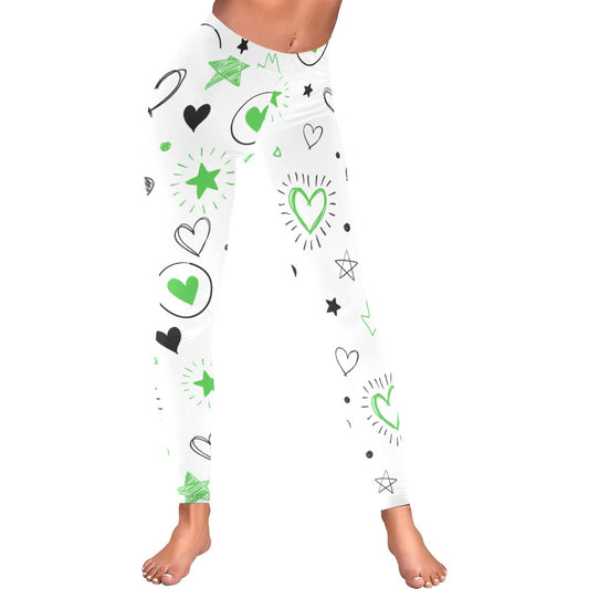 Green and White Heart Doodle Valentine's Day Leggings
