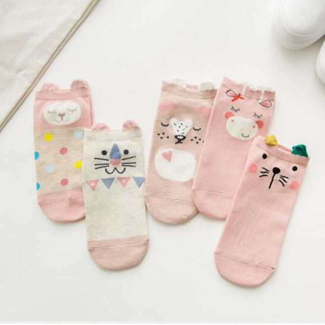 Cute Cat Ankle Socks - 5 Pairs for Valentine's Day