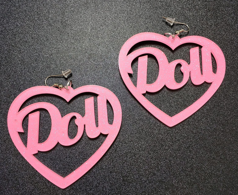 Acrylic Glitter Doll Heart Necklace and Earring Set