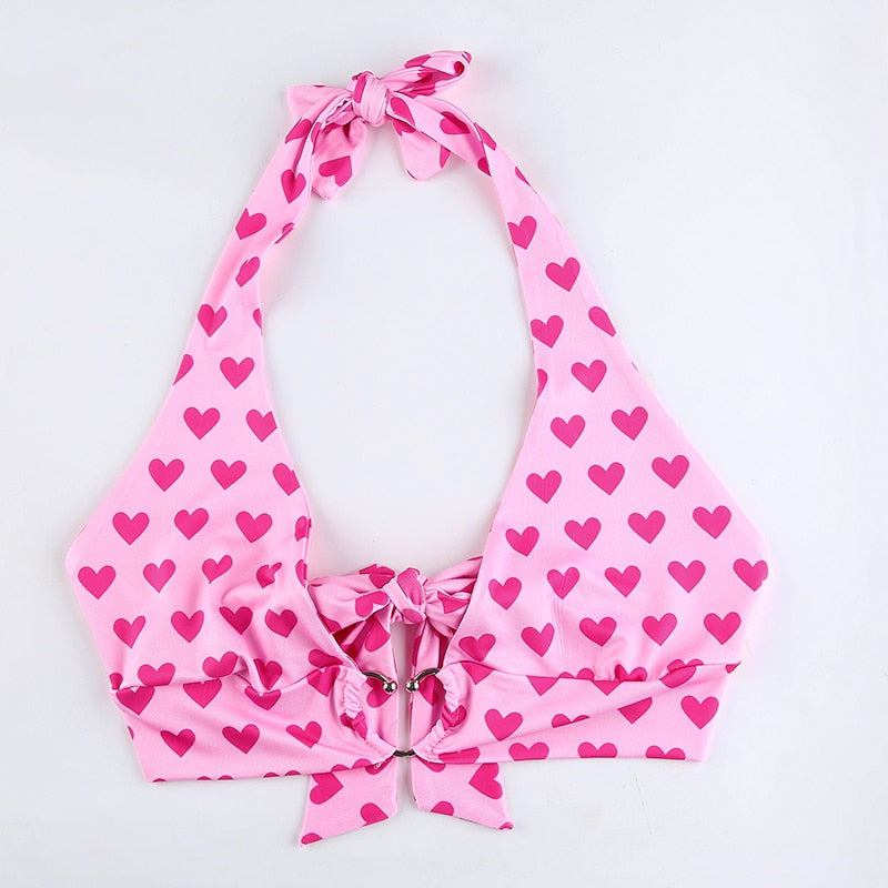 Heart Print Backless Halter Bra Corset Top