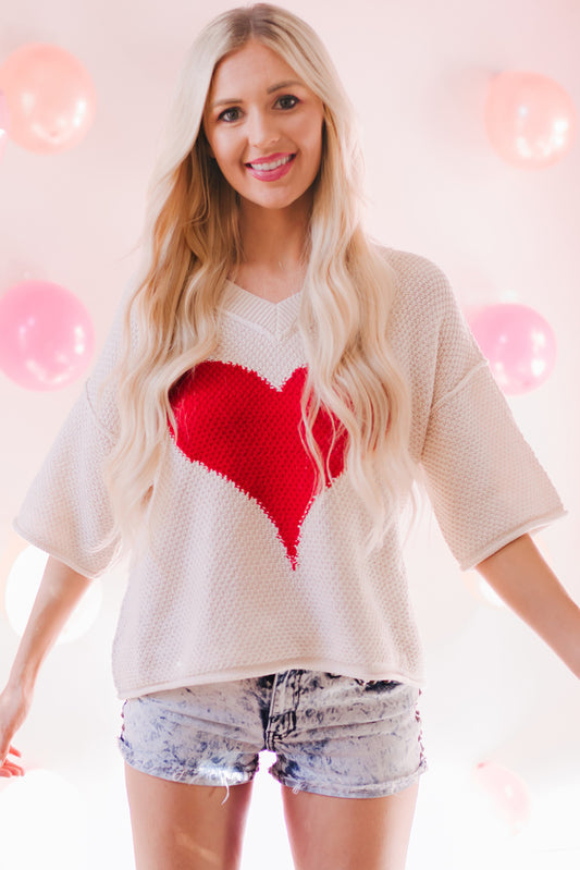 Beige V-neck Dropped Sleeve Heart Print Sweater