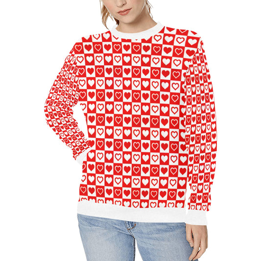 Red and White Checkerboard Hearts Pattern Women's Sweatshirt