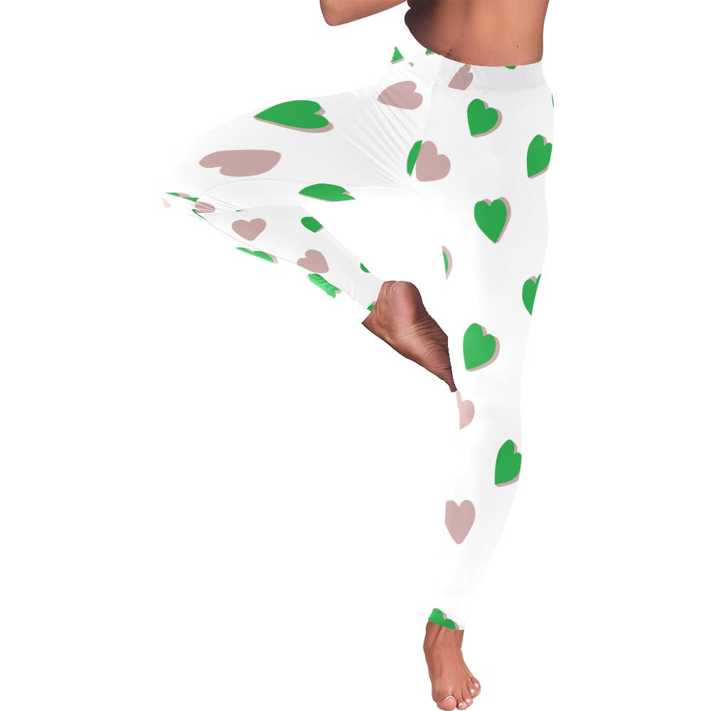 Green Hearts on White Women's Valentine's Day All-Over Low Rise Leggings