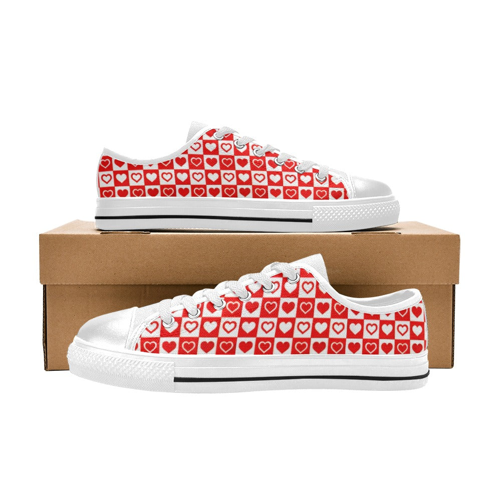 Red and White Checkerboard Hearts Canvas Women's Shoes