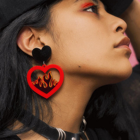 Trendy Fire Red Heart Large Earrings for Women