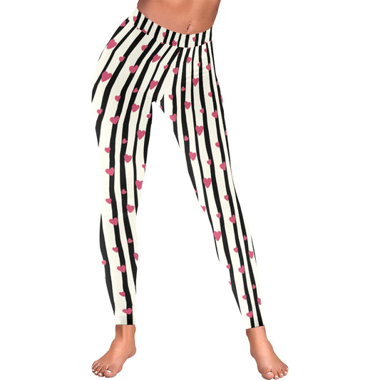 Black and White Striped Hearts Valentine's Day Leggings