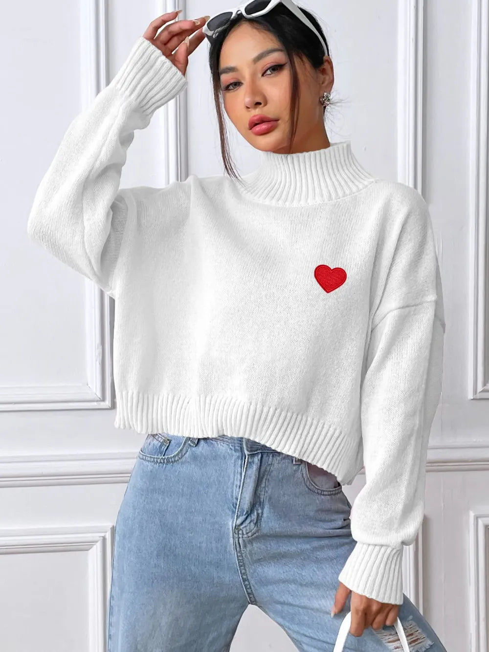 Women's Heart Sticker High Neck Pullover Sweater