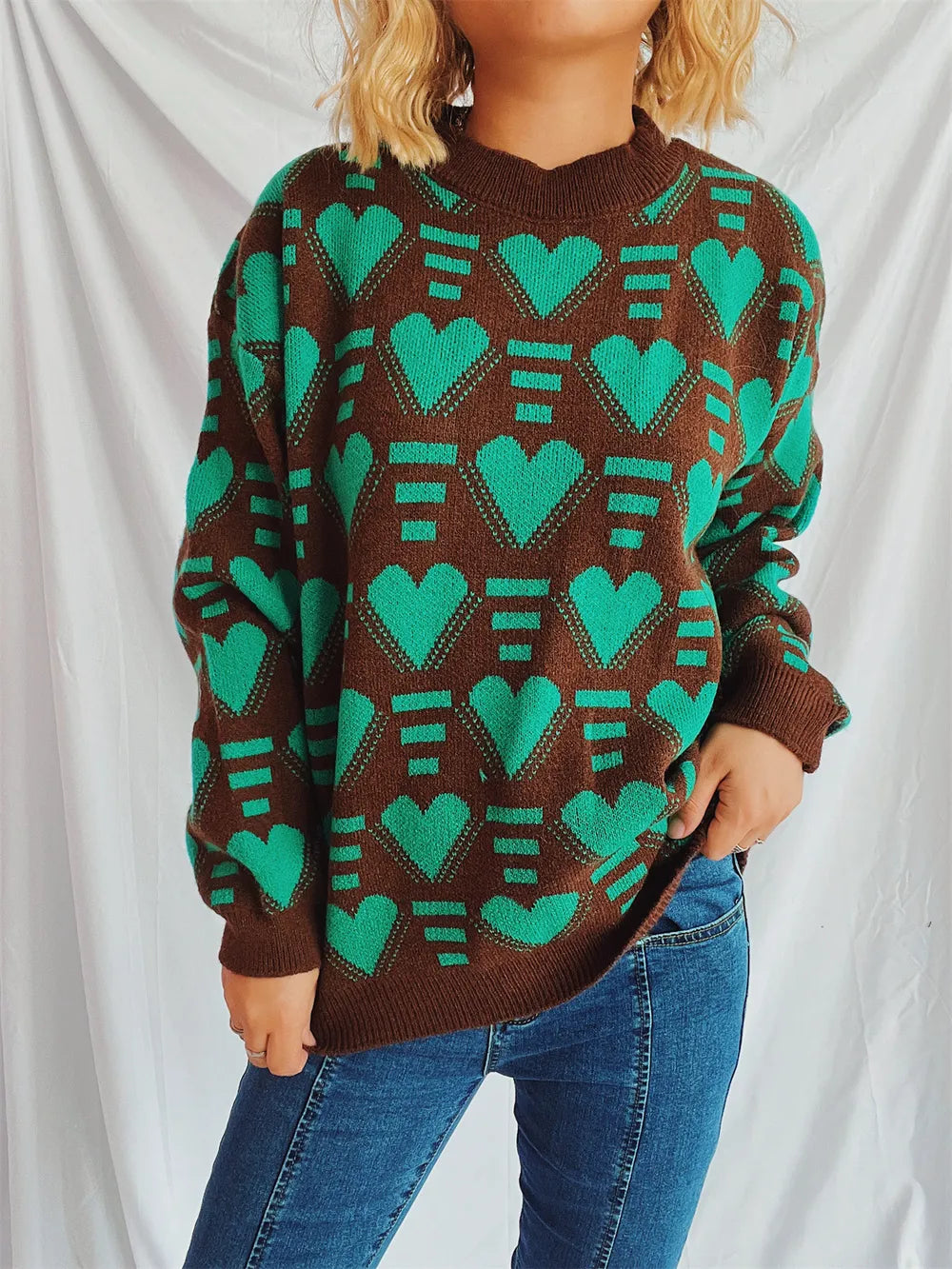 Heart Contrast Long Sleeve Sweater