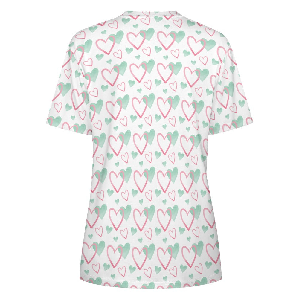 Pink and Green Valentine's Day Hearts Women's 100% Cotton T-Shirt