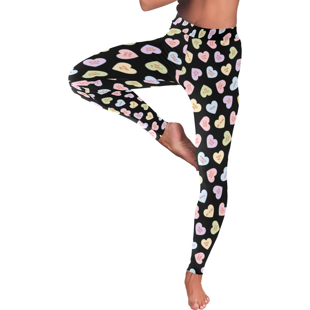 Valentine's Day Candy Hearts Women's All-Over Low Rise Leggings - Black