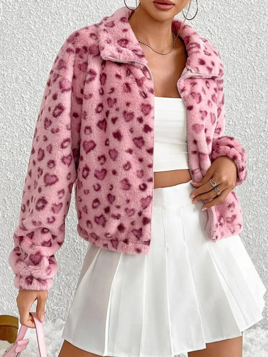 Valentine's Day Love Leopard Print Plush Jacket