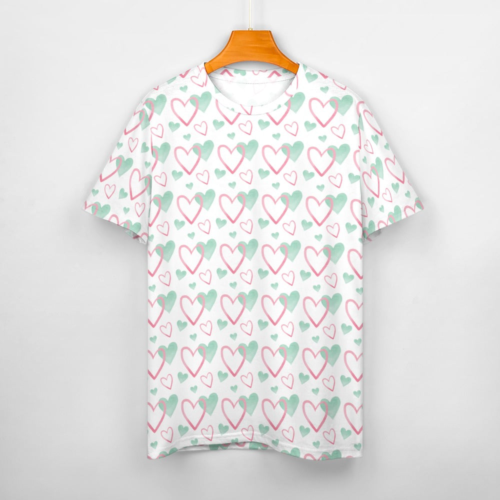 Pink and Green Valentine's Day Hearts Women's 100% Cotton T-Shirt