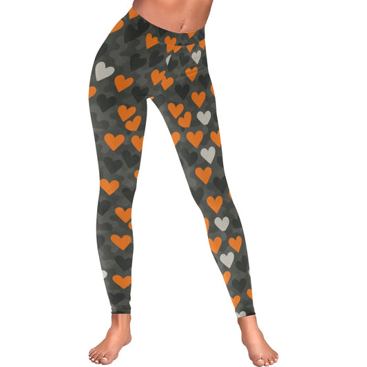 Valentine's Day Black/Orange Hearts Women's All-Over Low Rise Leggings