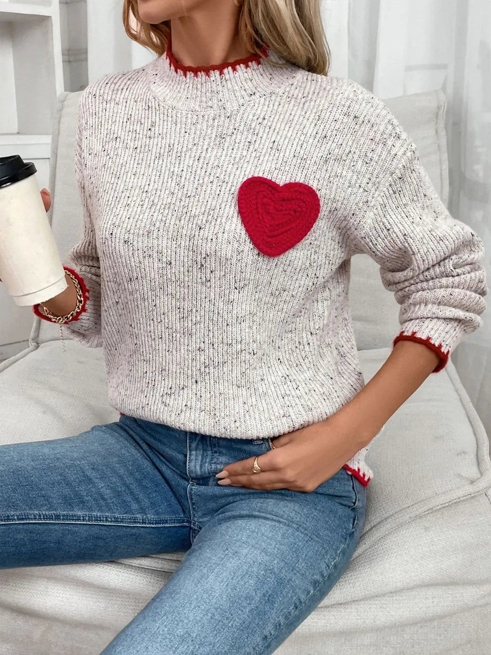 Perfee Contrast Heart Sweater