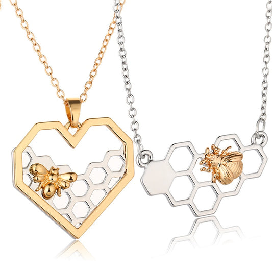 Heart Honeycomb Bee Pendant Choker Necklace