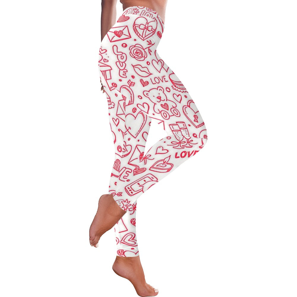 Valentine's Day Doodle Print Women's All-Over Low Rise Leggings