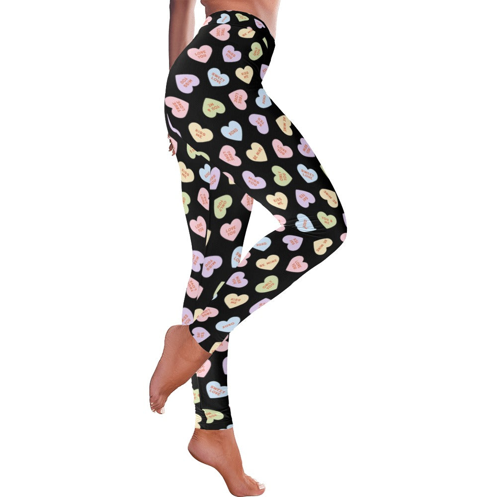 Valentine's Day Candy Hearts Women's All-Over Low Rise Leggings - Black