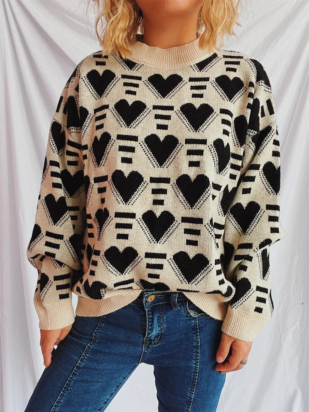 Heart Contrast Long Sleeve Sweater