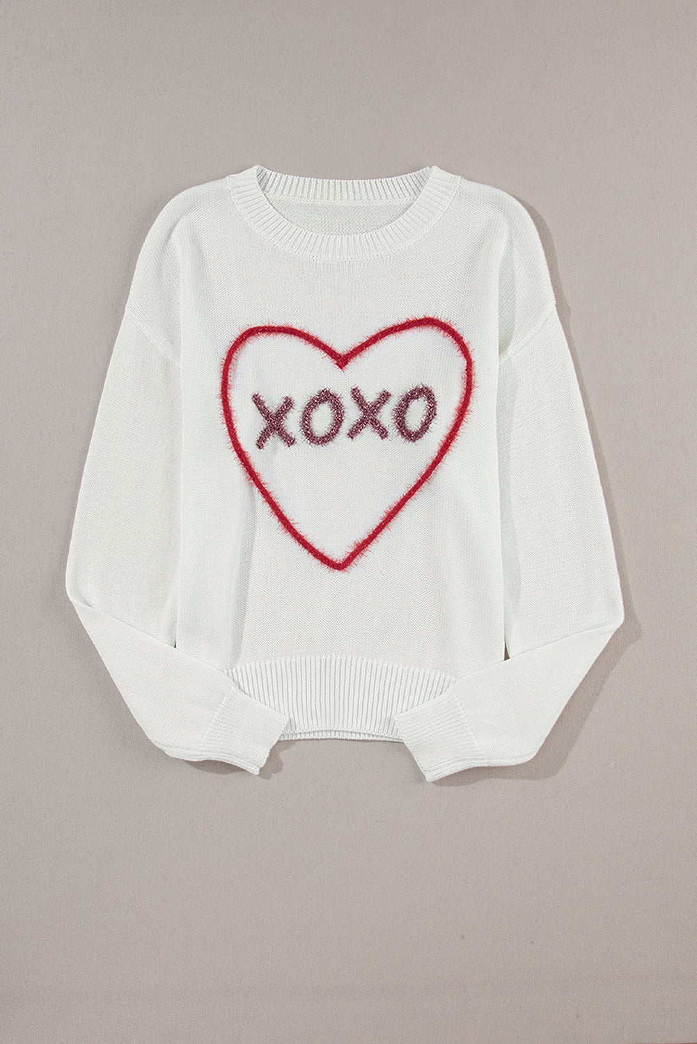 Rose Heart XOXO Pattern Drop Shoulder Rib Knit Sweater
