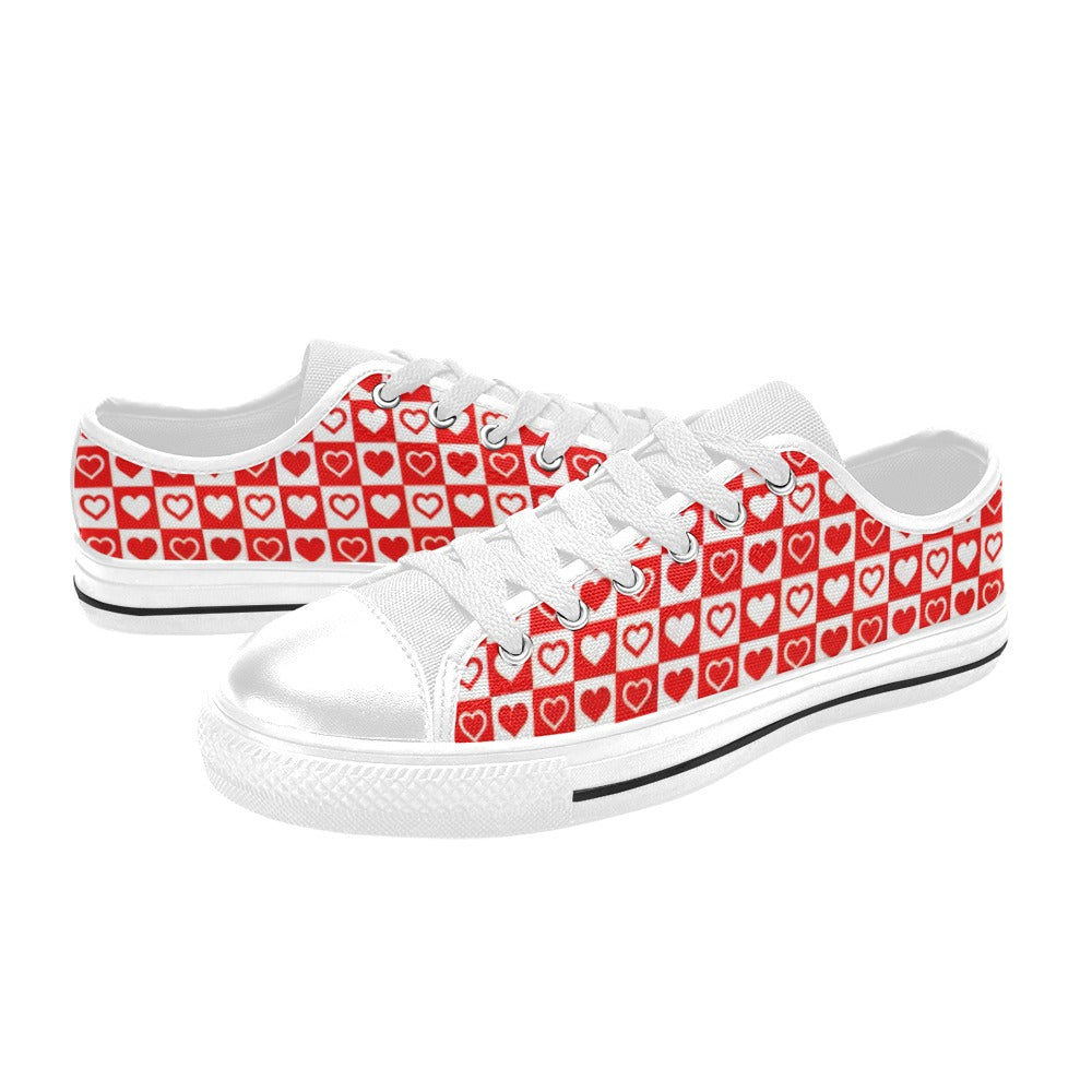 Red and White Checkerboard Hearts Canvas Women's Shoes