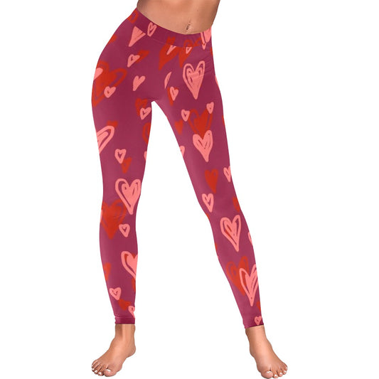 Purple Drawn Hearts Valentine's Day Women's All-Over Low Rise Leggings
