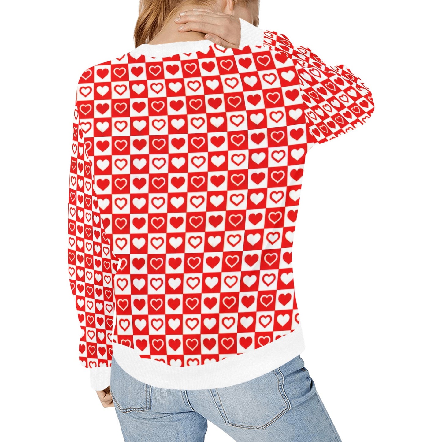 Red and White Checkerboard Hearts Pattern Women's Sweatshirt