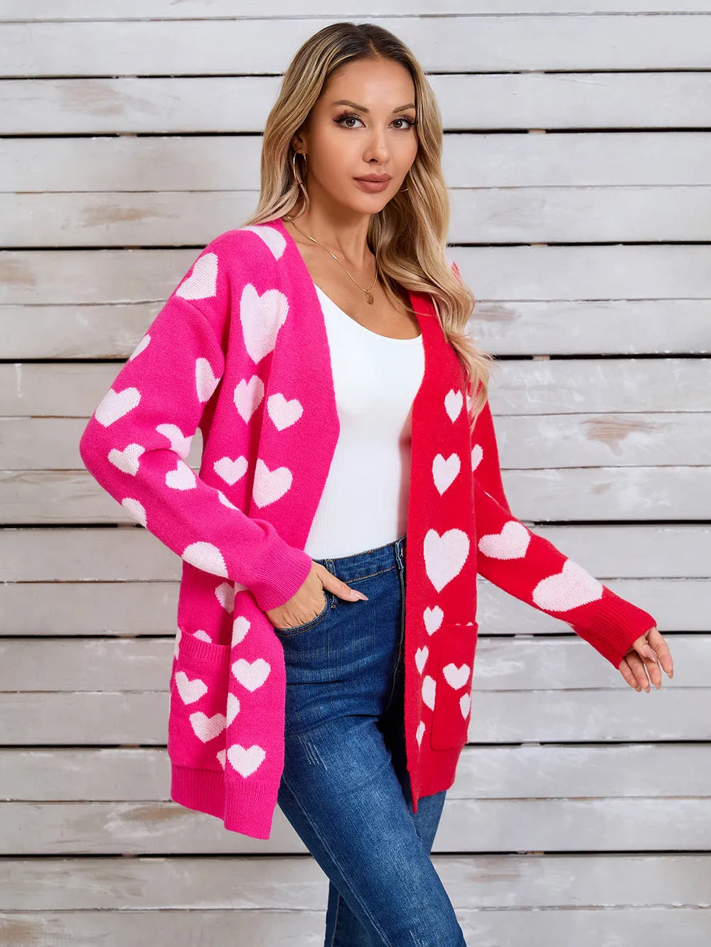 Splicing Knitted Valentine's Day Pocket Long Cardigan Love Sweater
