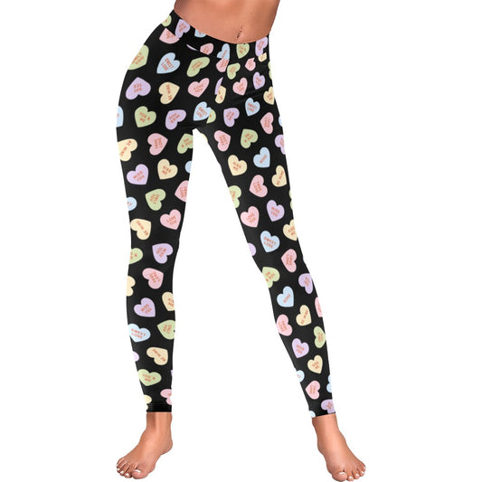Valentine's Day Candy Hearts Women's All-Over Low Rise Leggings - Black