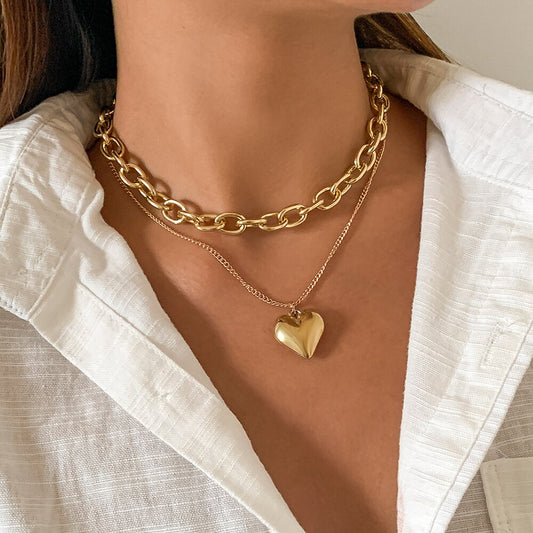 Punk Style Hip Hop Aluminum Chain Necklace with Peach Heart Pendant