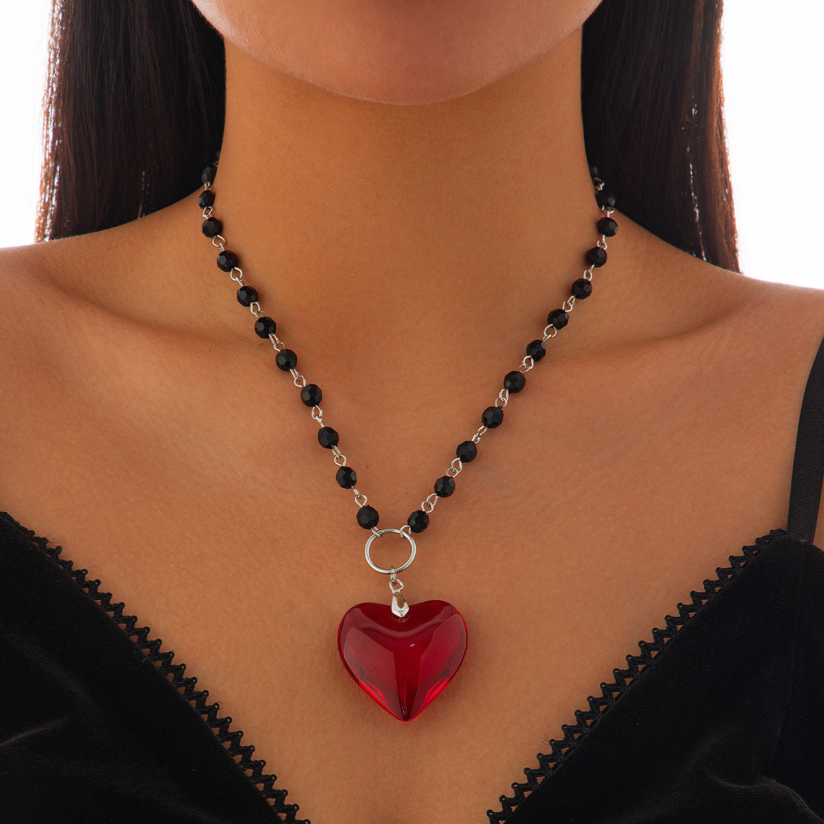 Heart Shaped Pendant Necklace - Halloween Crystal Bead Chain