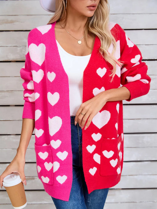 Splicing Knitted Valentine's Day Pocket Long Cardigan Love Sweater