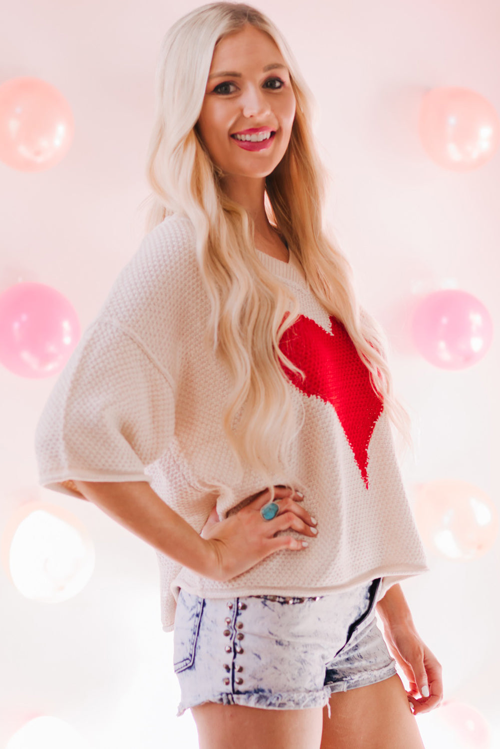 Beige V-neck Dropped Sleeve Heart Print Sweater