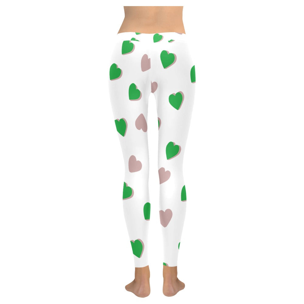 Green Hearts on White Women's Valentine's Day All-Over Low Rise Leggings