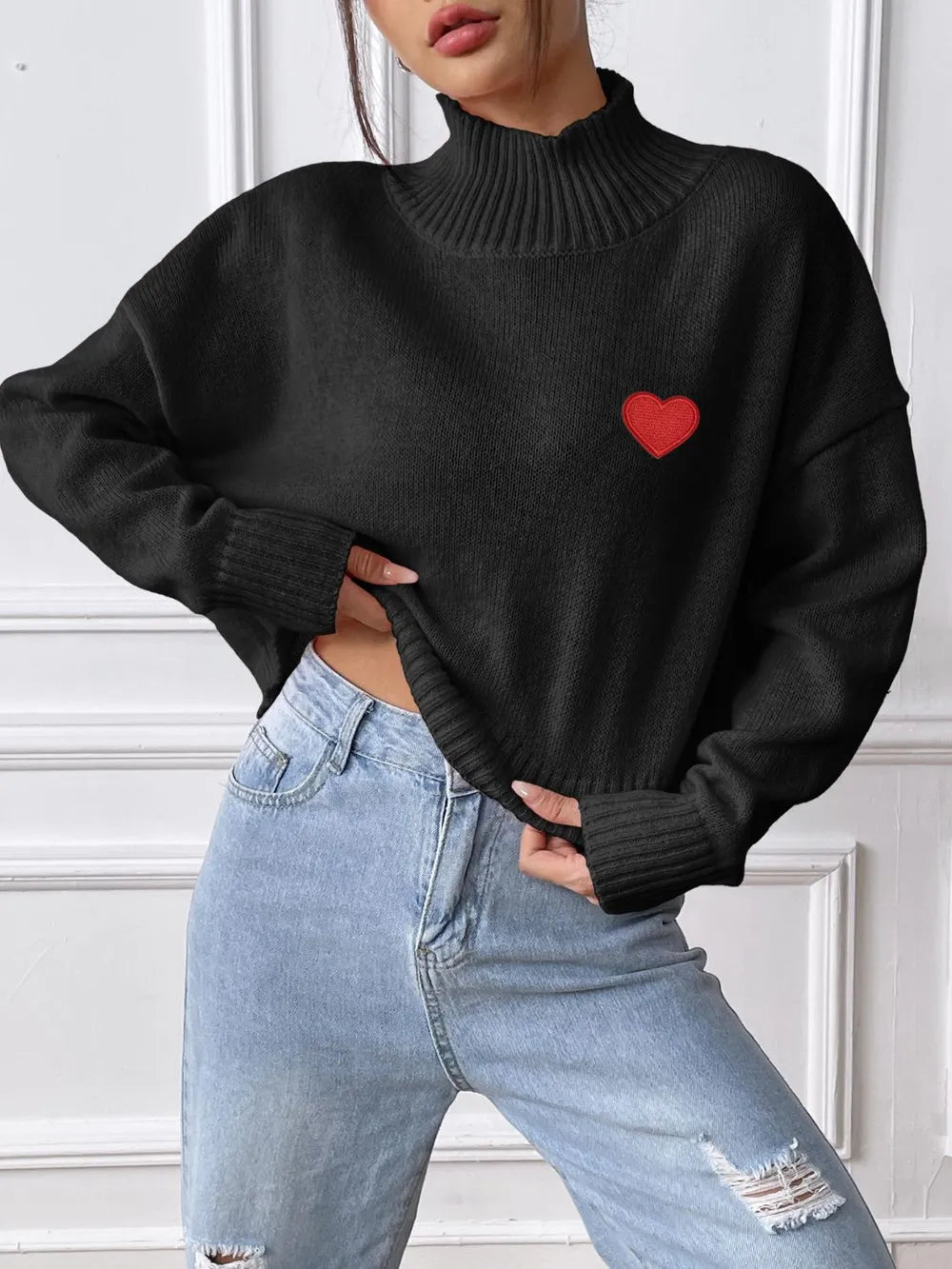 Women's Heart Sticker High Neck Pullover Sweater