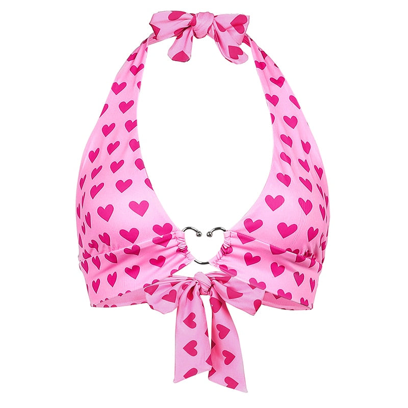 Heart Print Backless Halter Bra Corset Top