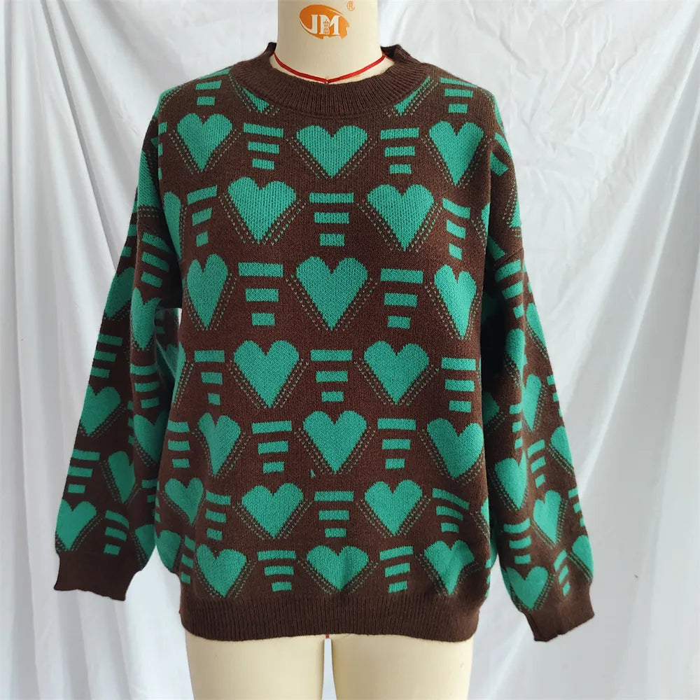 Heart Contrast Long Sleeve Sweater