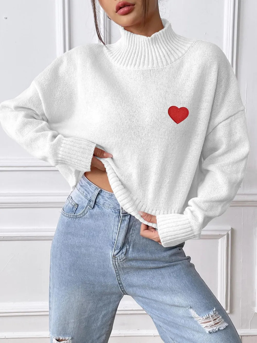 Women's Heart Sticker High Neck Pullover Sweater