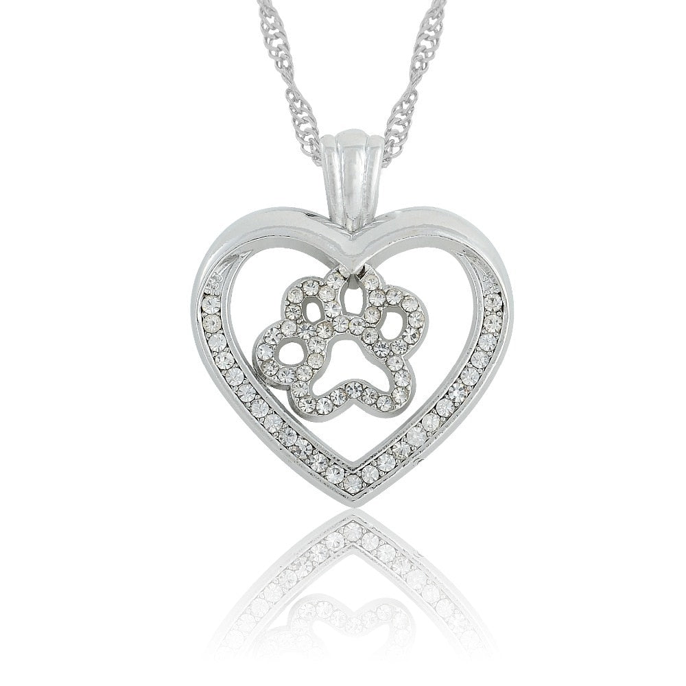 Dog Cat Paw Print Heart Crystal Pendant Necklace