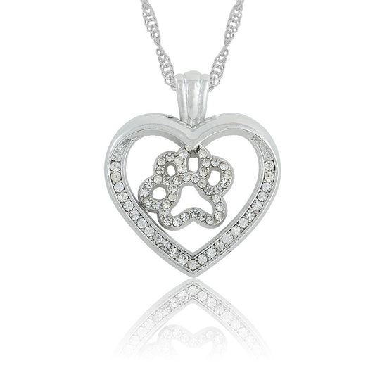 Dog Cat Paw Print Heart Crystal Pendant Necklace