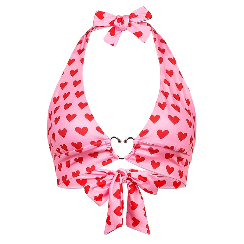 Heart Print Backless Halter Bra Corset Top