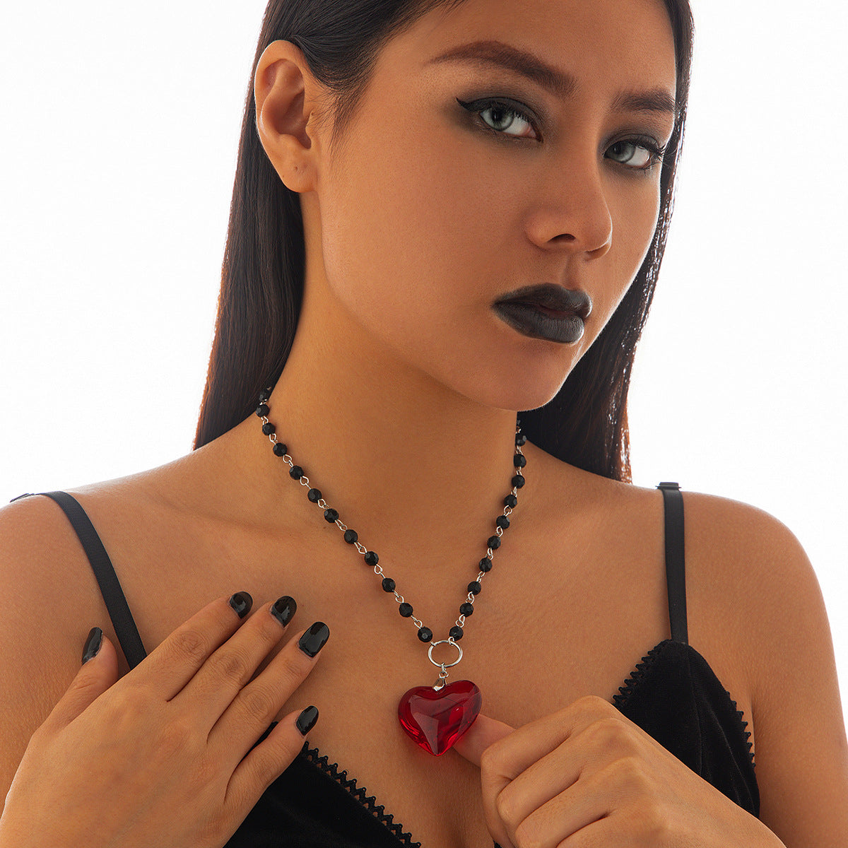 Heart Shaped Pendant Necklace - Halloween Crystal Bead Chain