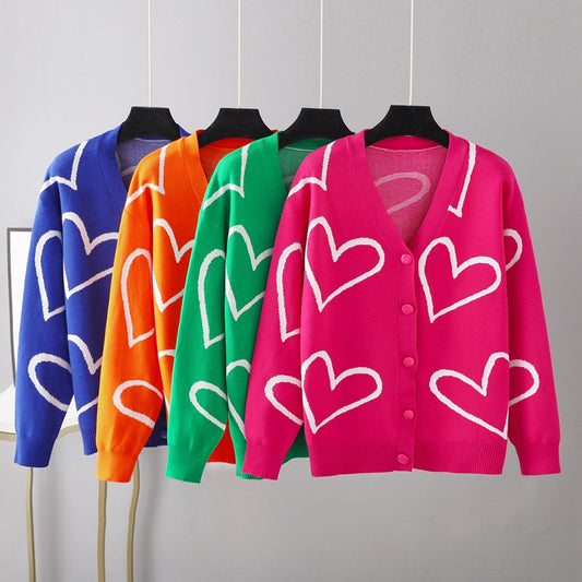 Casual V-neck Heart Cardigan Sweater for Women
