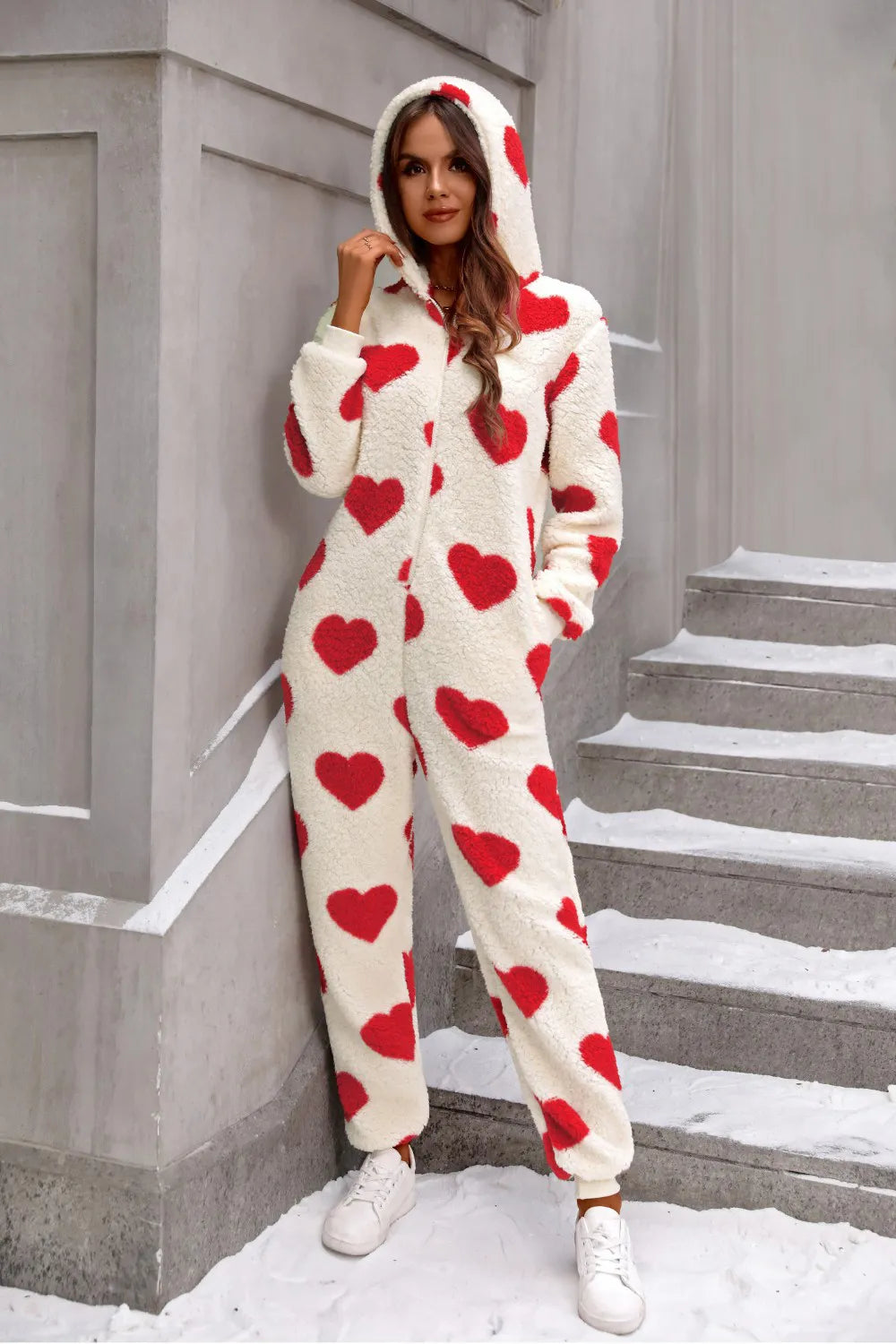 Heart Zip Up Hooded Lounge Jumpsuit
