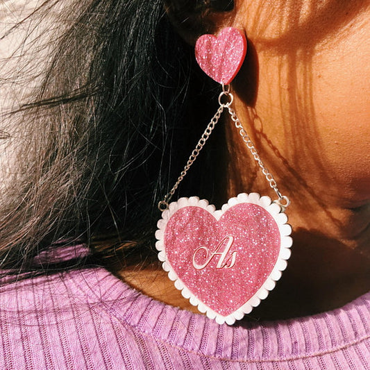 Trendy Pink Glitter Heart Tassel Earrings