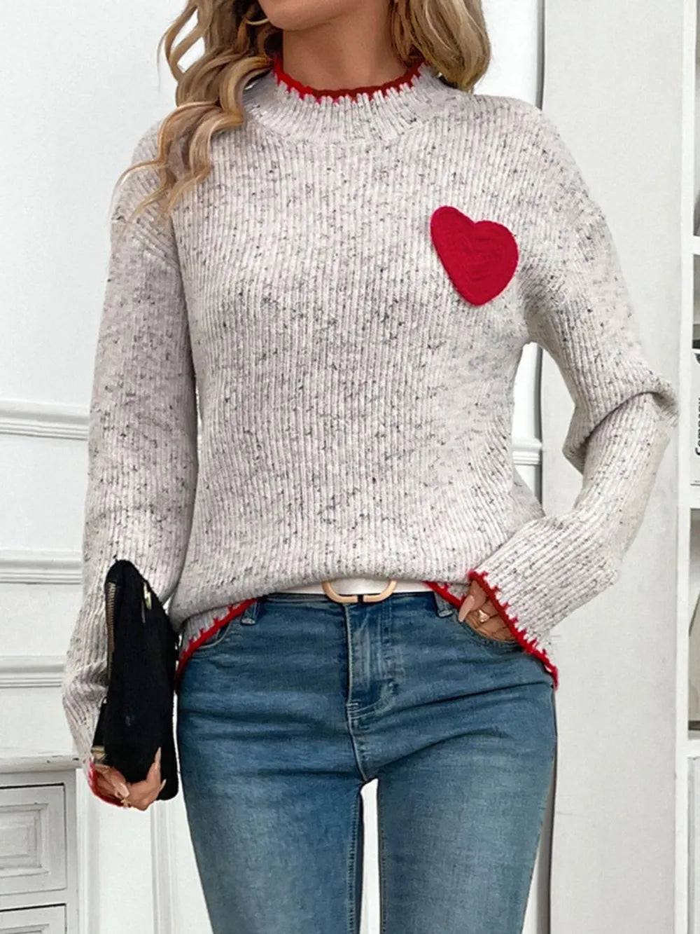 Perfee Contrast Heart Sweater